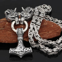 Viking Thor Hammer Necklace with Wolf Heads