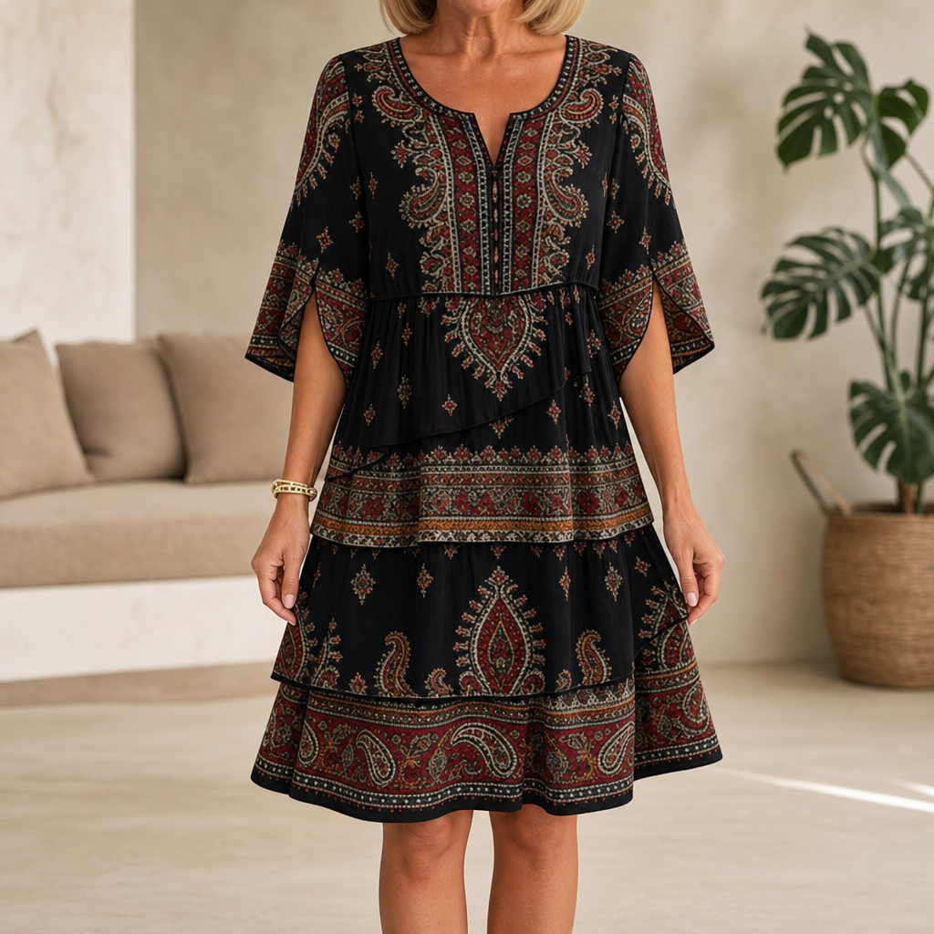 Tiered Paisley Print Split-Sleeve Midi Dress