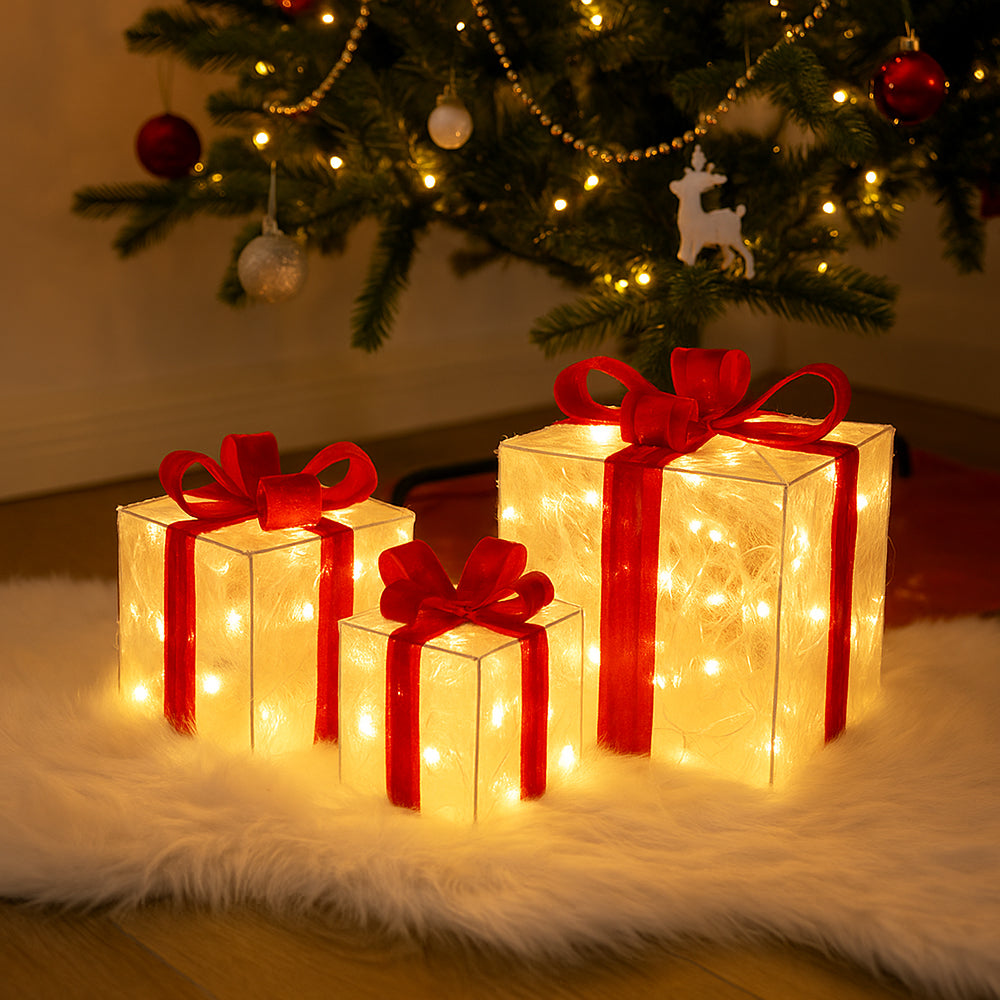 Transparent LED Gift Boxes with Red Bows - Set of 3