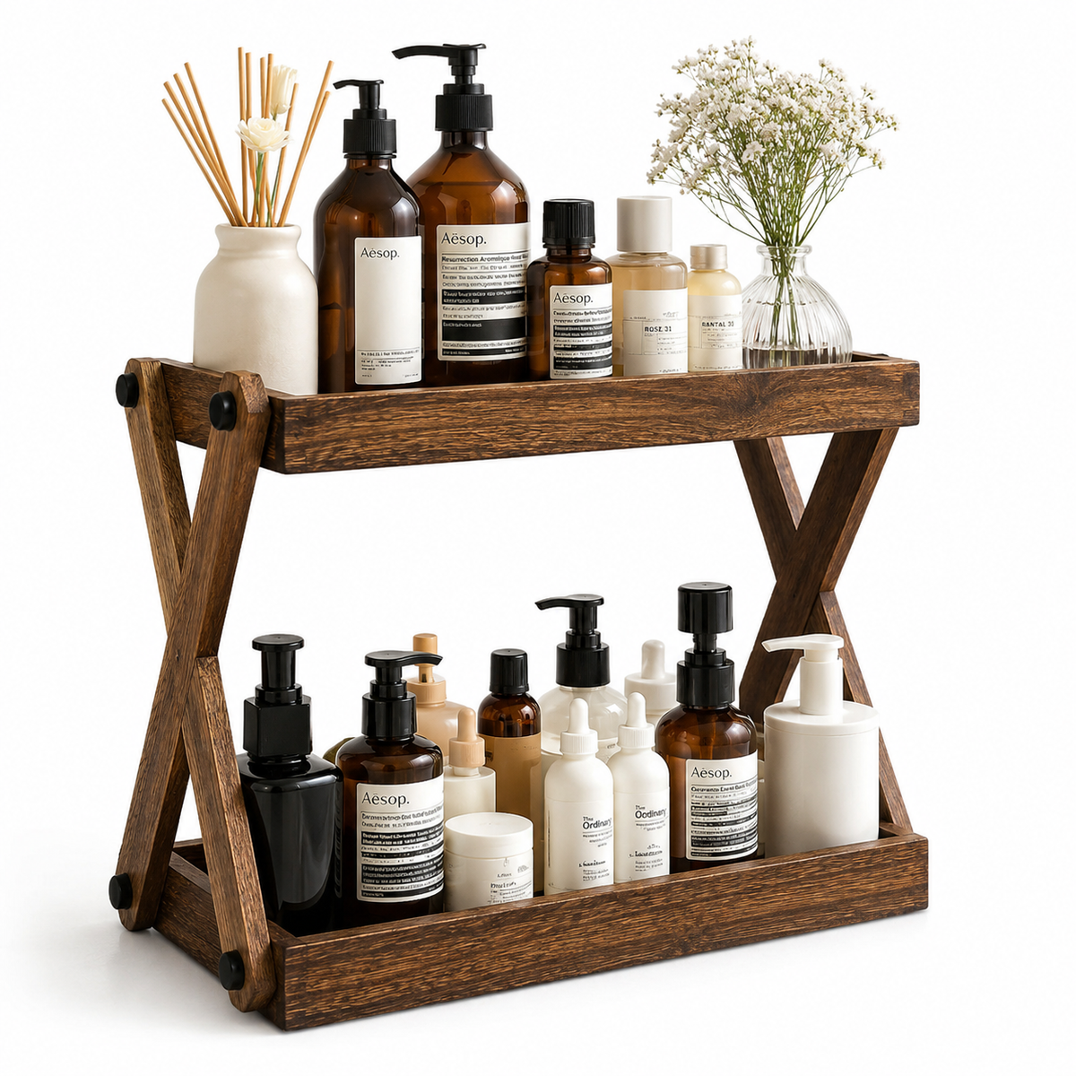 Two-Tier Solid Wood Bathroom Vanity Organizer Shelf
