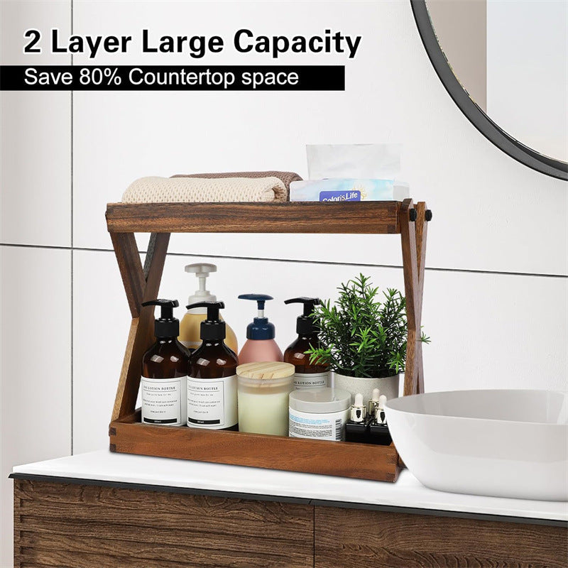 Two-Tier Solid Wood Bathroom Vanity Organizer Shelf
