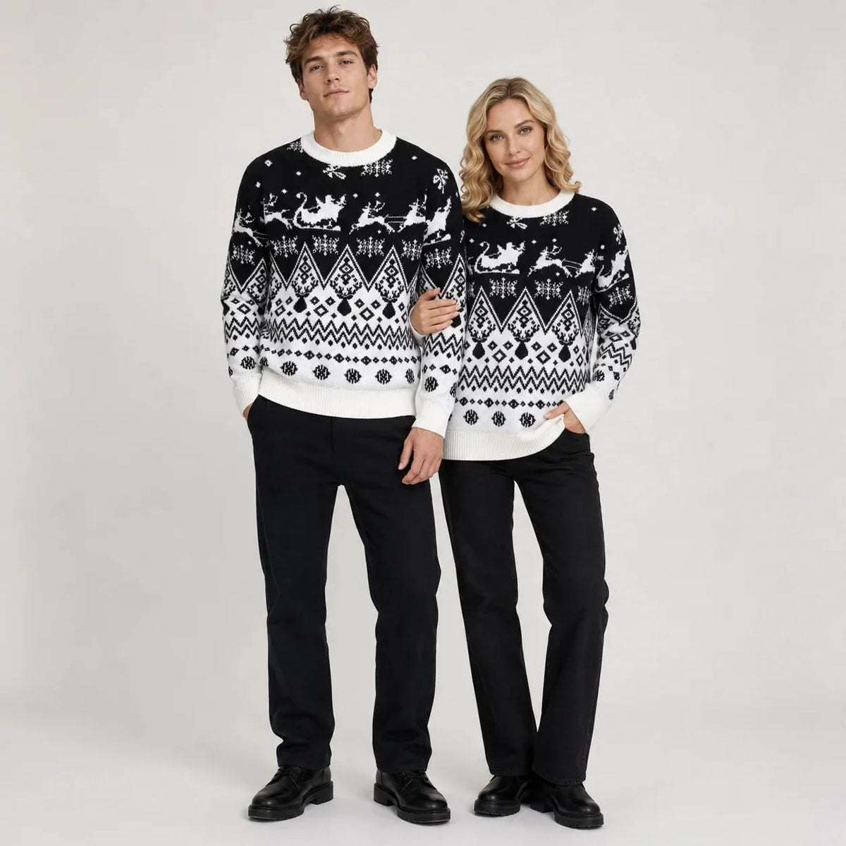 Unisex Christmas Reindeer Jacquard Knit Crewneck Sweater