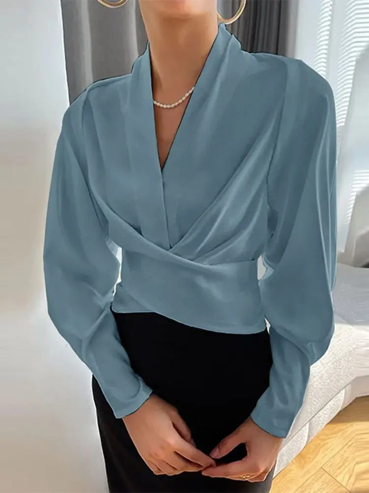 Vesper - V-neck wrap top with long puffed sleeves and cuffs