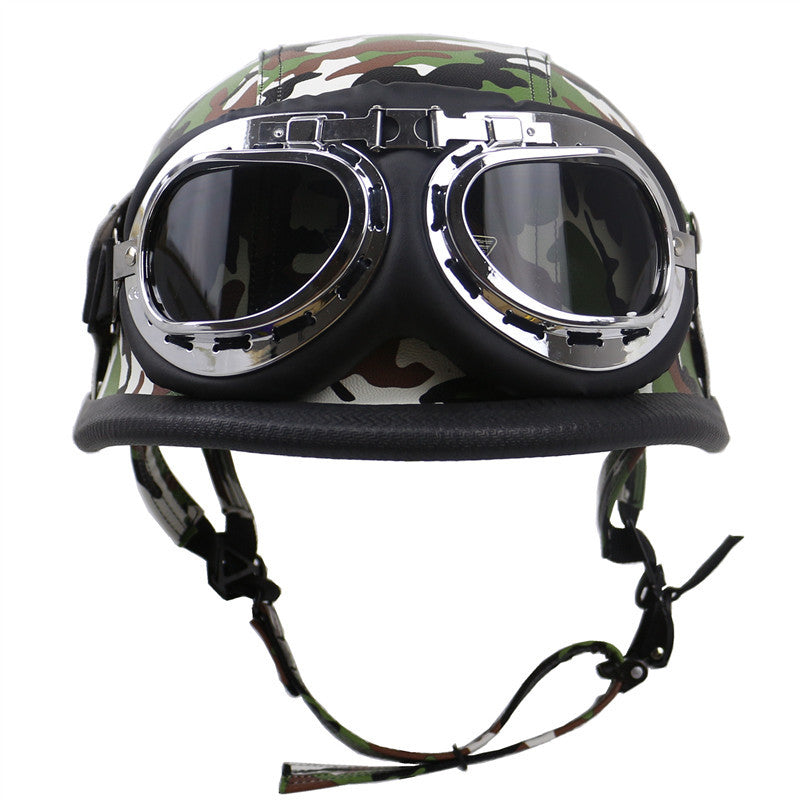 Vintage Leather Biker Helmet with Goggles