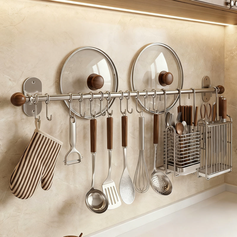 Wall-Mounted Stainless Steel Kitchen Utensil Rack with Hooks