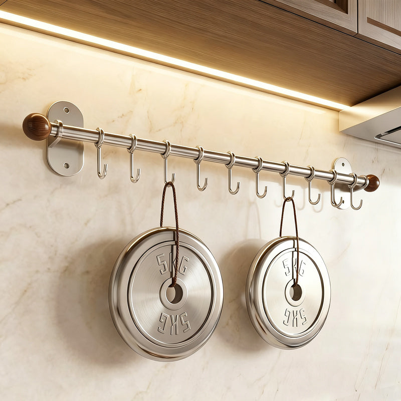 Wall-Mounted Stainless Steel Kitchen Utensil Rack with Hooks
