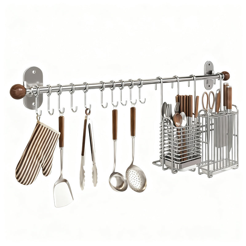 Wall-Mounted Stainless Steel Kitchen Utensil Rack with Hooks