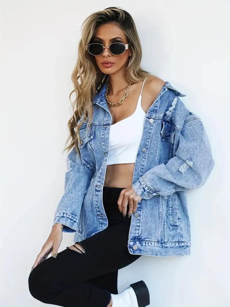 Water-Resistant & Lined Oversized Women's Hooded Denim Jacket