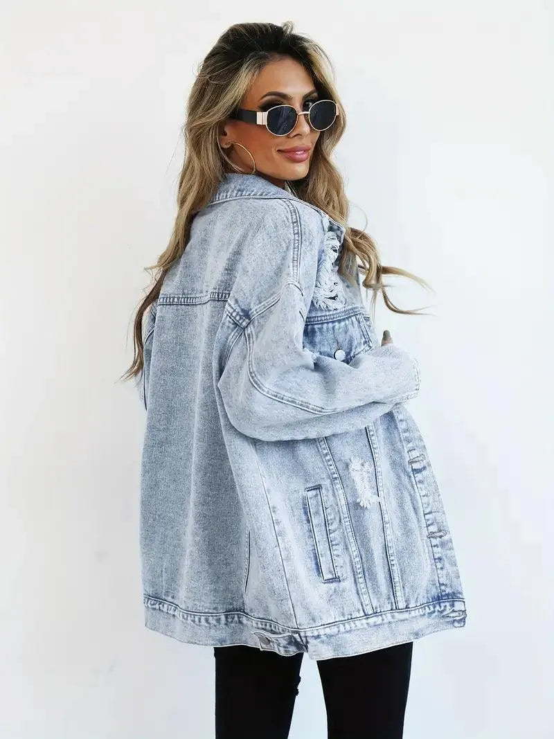 Water-Resistant & Lined Oversized Women's Hooded Denim Jacket