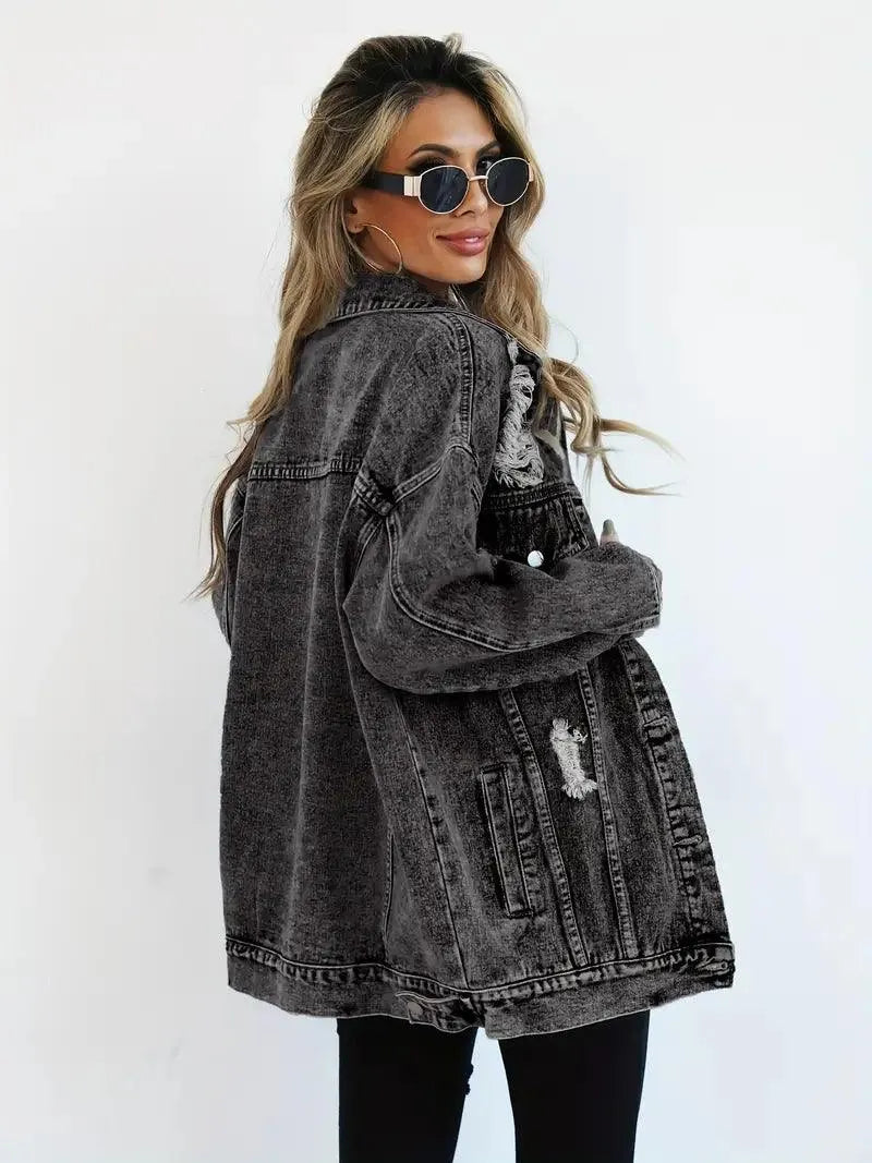 Water-Resistant & Lined Oversized Women's Hooded Denim Jacket