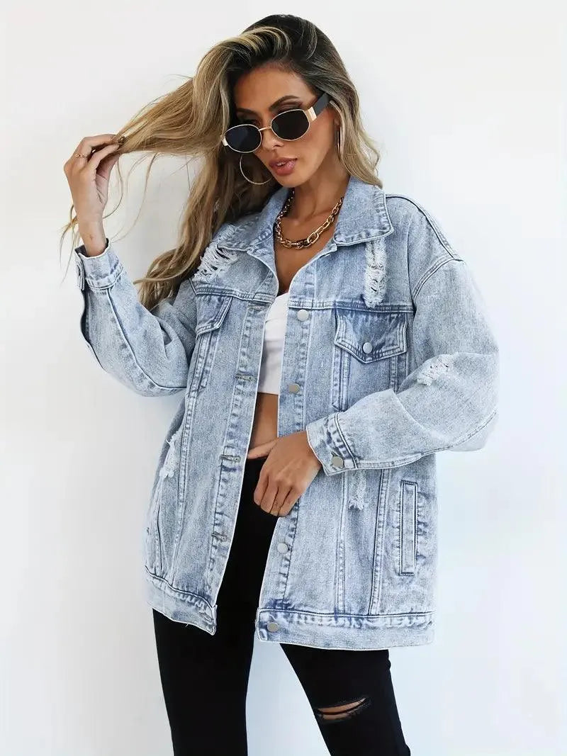 Water-Resistant & Lined Oversized Women's Hooded Denim Jacket