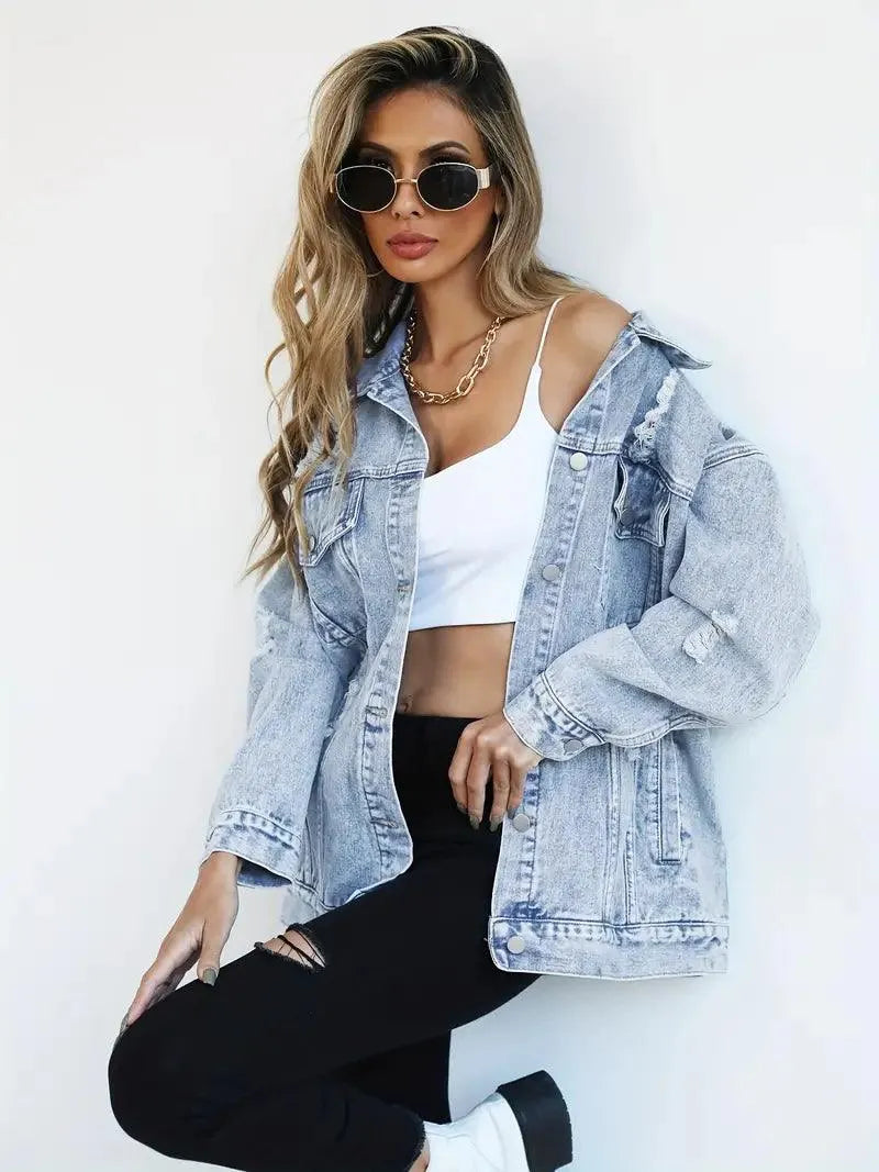 Water-Resistant & Lined Oversized Women's Hooded Denim Jacket