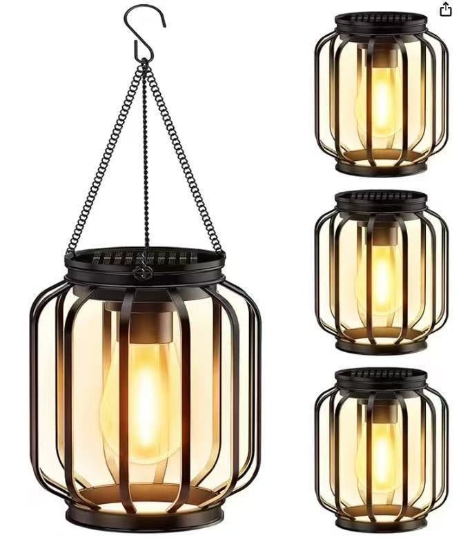 Waterproof Hanging Outdoor Solar Lanterns with Metal Cage and Vintage-Style LED Filament Bulb