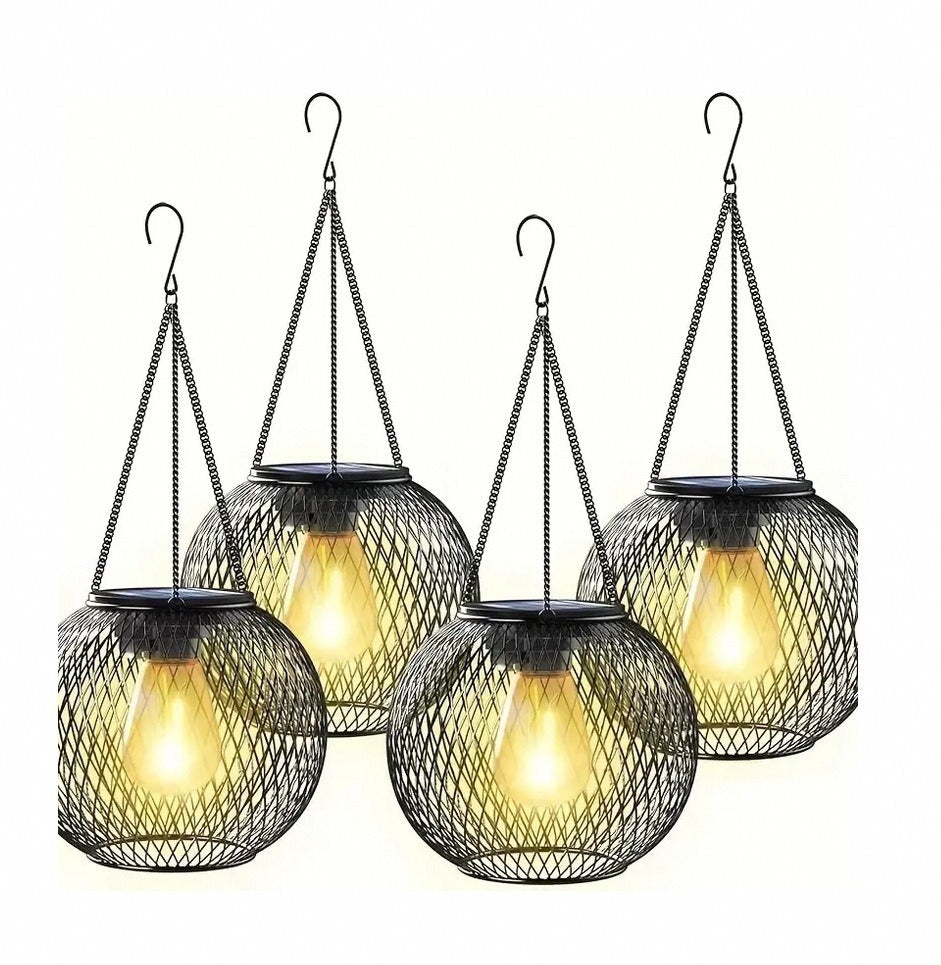 Waterproof Hanging Outdoor Solar Lanterns with Metal Cage and Vintage-Style LED Filament Bulb