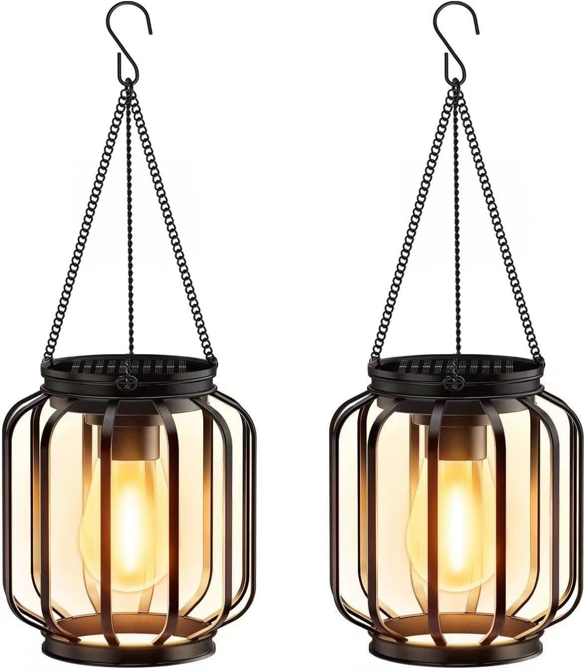 Waterproof Hanging Outdoor Solar Lanterns with Metal Cage and Vintage-Style LED Filament Bulb