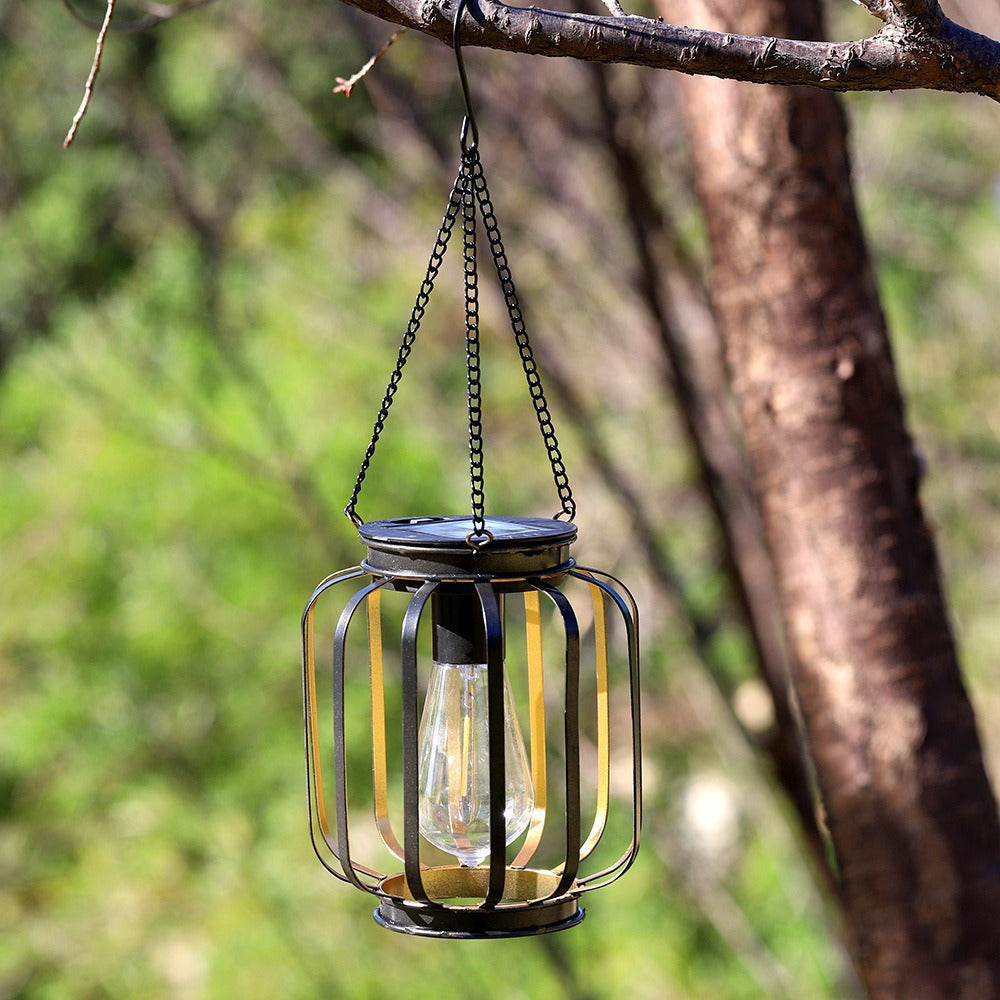 Waterproof Hanging Outdoor Solar Lanterns with Metal Cage and Vintage-Style LED Filament Bulb