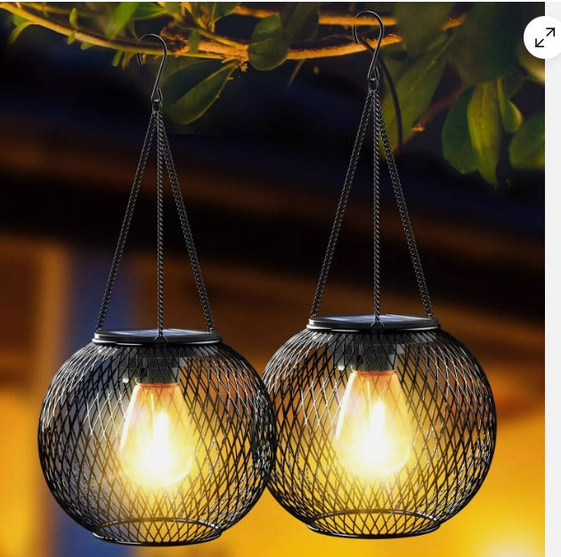 Waterproof Hanging Outdoor Solar Lanterns with Metal Cage and Vintage-Style LED Filament Bulb