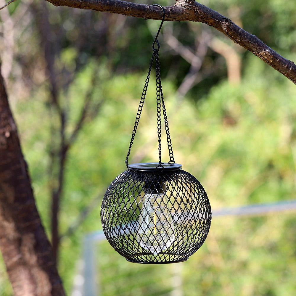 Waterproof Hanging Outdoor Solar Lanterns with Metal Cage and Vintage-Style LED Filament Bulb