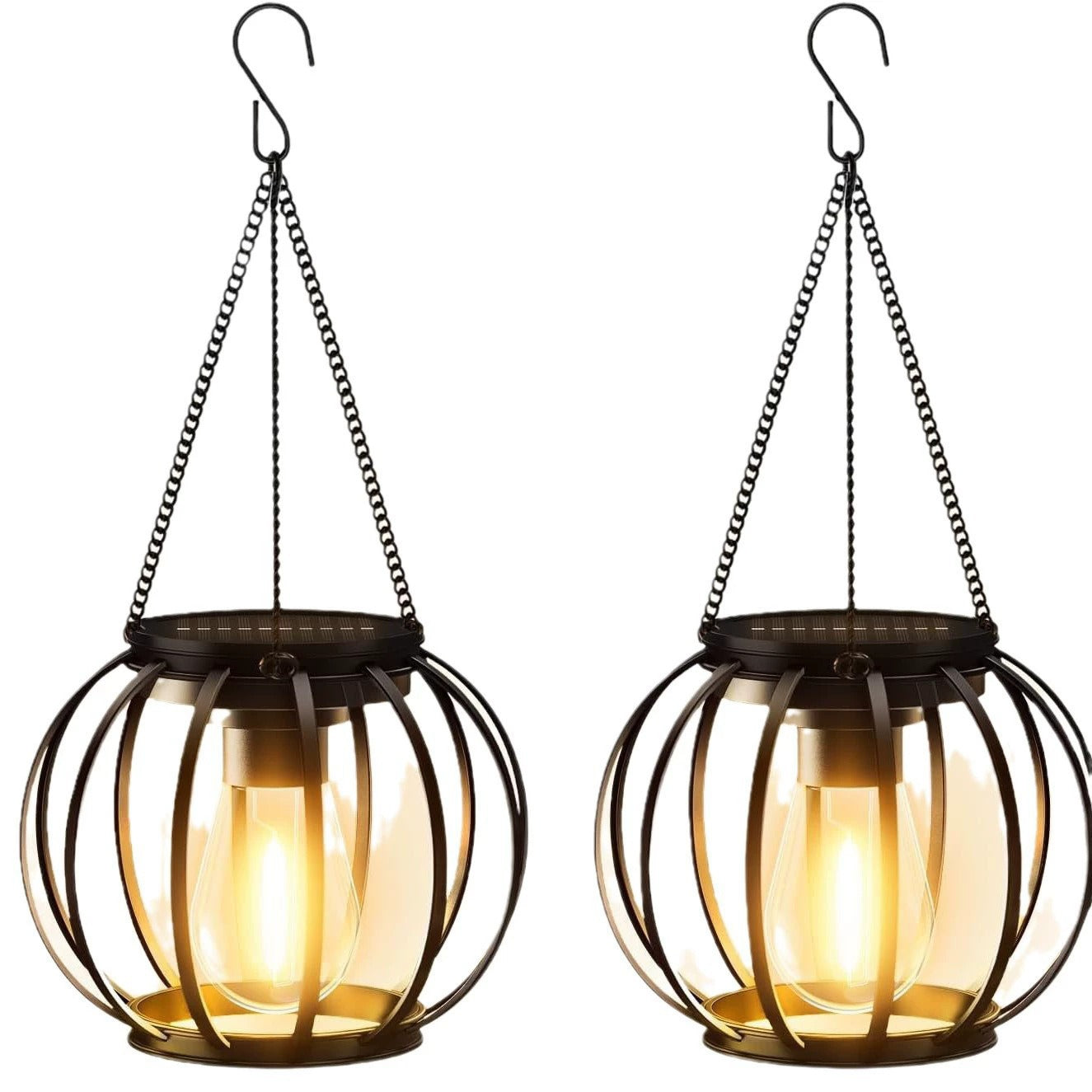 Waterproof Hanging Outdoor Solar Lanterns with Metal Cage and Vintage-Style LED Filament Bulb