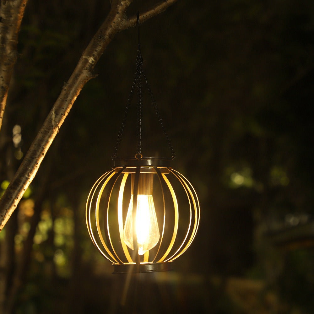 Waterproof Hanging Outdoor Solar Lanterns with Metal Cage and Vintage-Style LED Filament Bulb