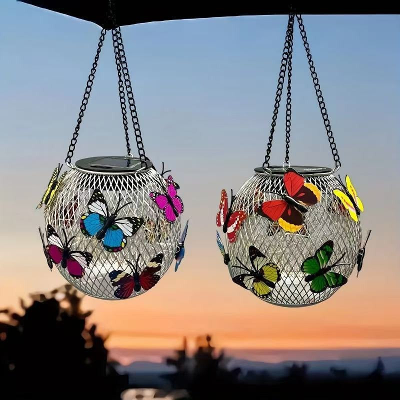 Waterproof Hanging Outdoor Solar Lanterns with Metal Cage and Vintage-Style LED Filament Bulb