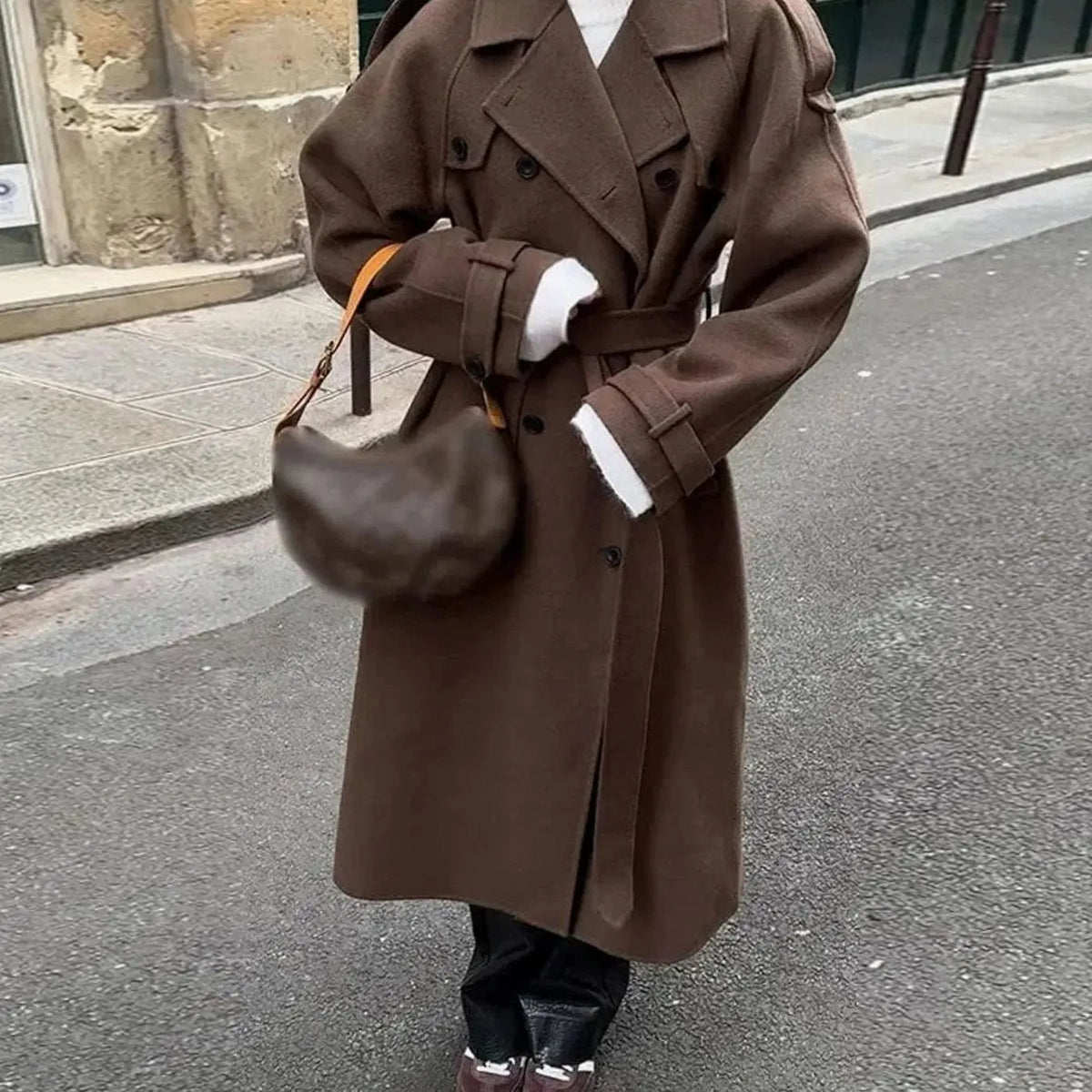 Women's Belted Button-Front Wool Midi Coat