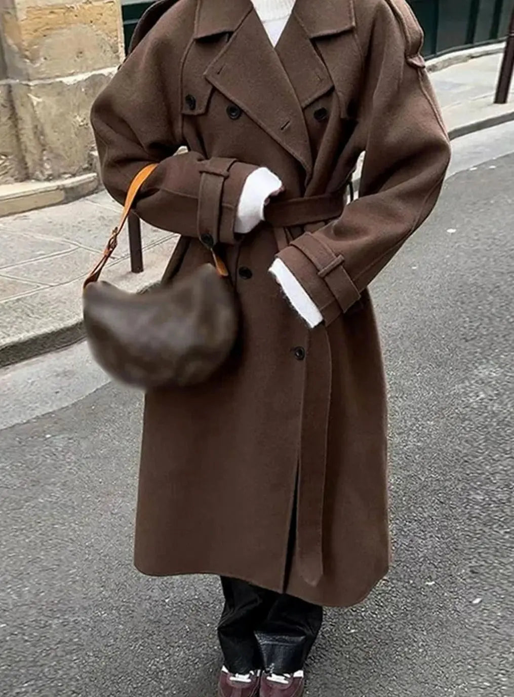 Women's Belted Button-Front Wool Midi Coat