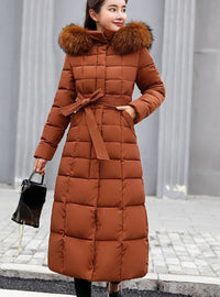 Women's Belted Quilted Long Hooded Puffer Coat with Fur Trim