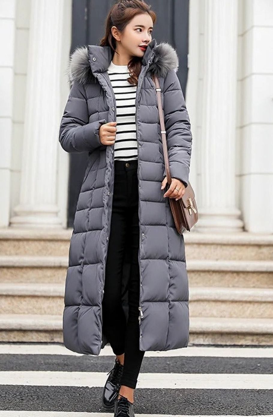 Women's Belted Quilted Long Hooded Puffer Coat with Fur Trim