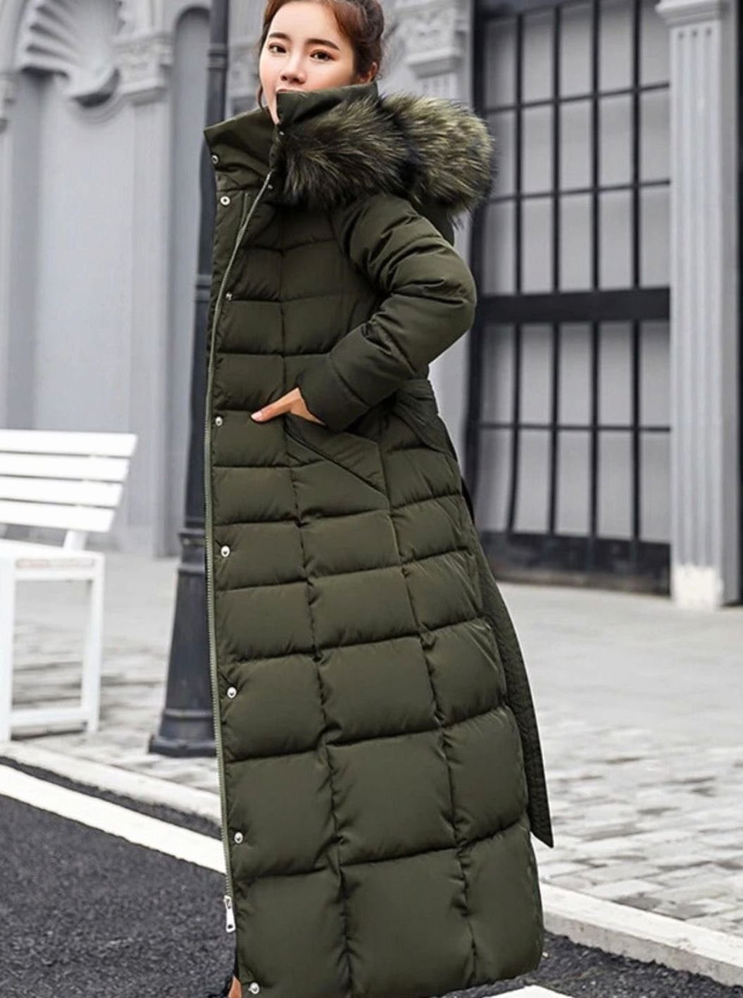 Women's Belted Quilted Long Hooded Puffer Coat with Fur Trim