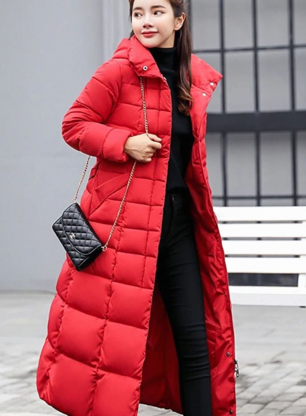 Women's Belted Quilted Long Hooded Puffer Coat with Fur Trim