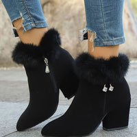 Women's Black Fur-Trim Pointed-Toe Block-Heel Ankle Boots