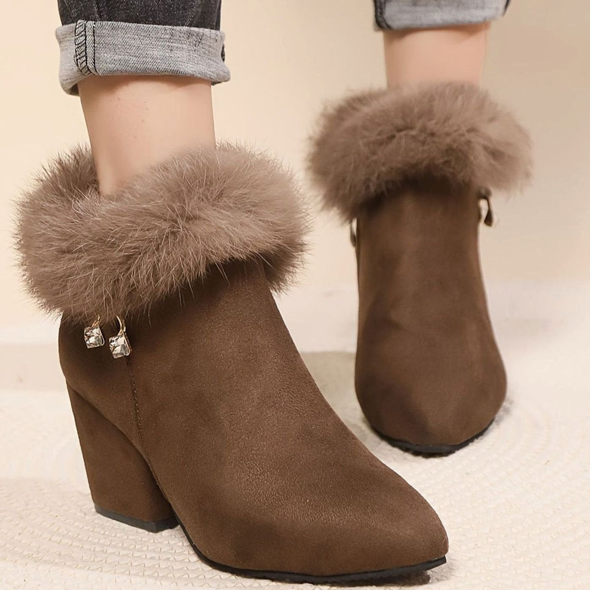 Women's Black Fur-Trim Pointed-Toe Block-Heel Ankle Boots