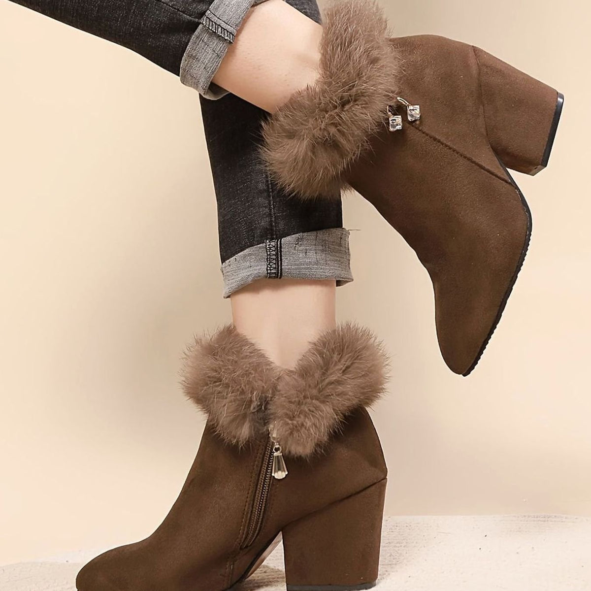 Women's Black Fur-Trim Pointed-Toe Block-Heel Ankle Boots