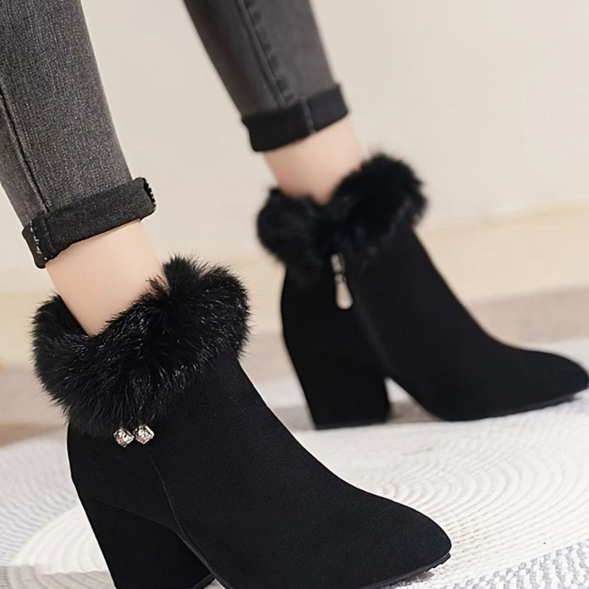 Women's Black Fur-Trim Pointed-Toe Block-Heel Ankle Boots