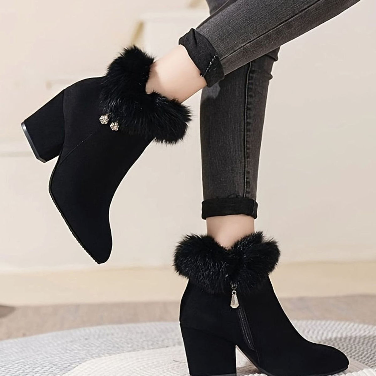 Women's Black Fur-Trim Pointed-Toe Block-Heel Ankle Boots