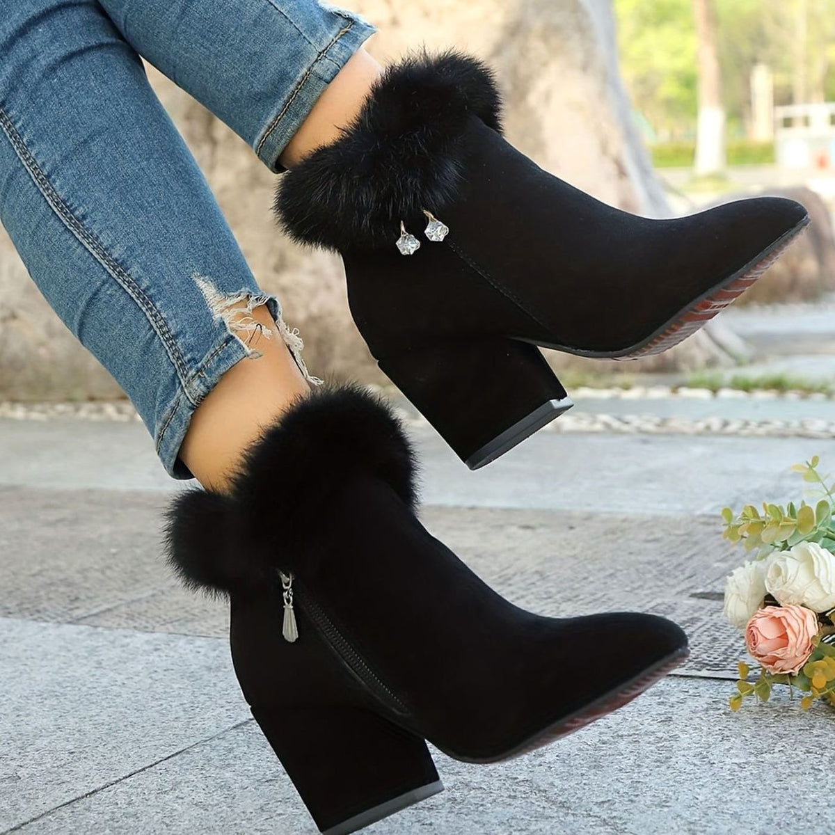 Women's Black Fur-Trim Pointed-Toe Block-Heel Ankle Boots