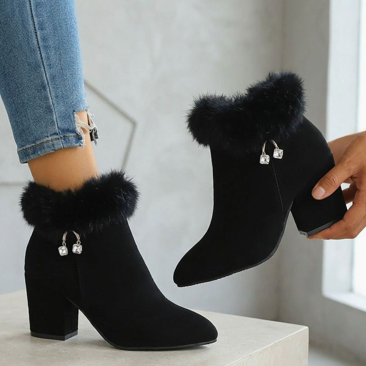 Women's Black Fur-Trim Pointed-Toe Block-Heel Ankle Boots