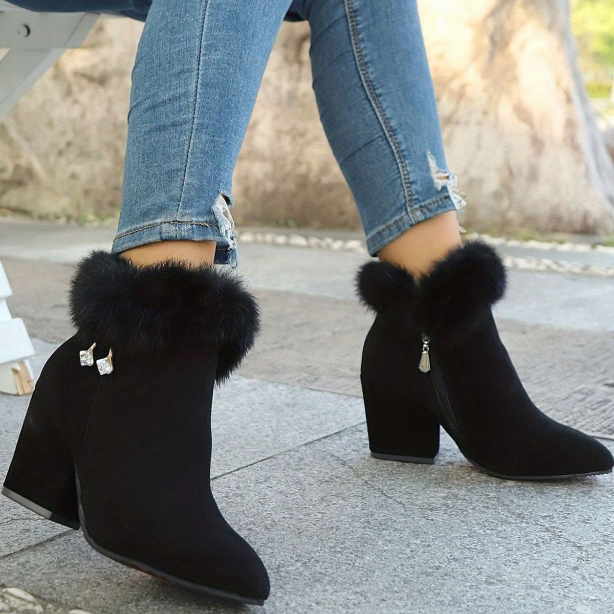 Women's Black Fur-Trim Pointed-Toe Block-Heel Ankle Boots