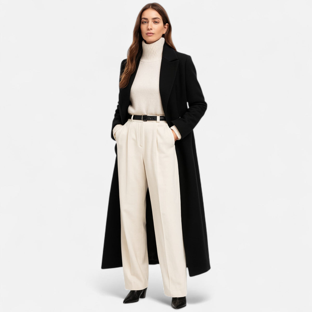Women's Black Maxi Overcoat with Sharp Cut for All Seasons