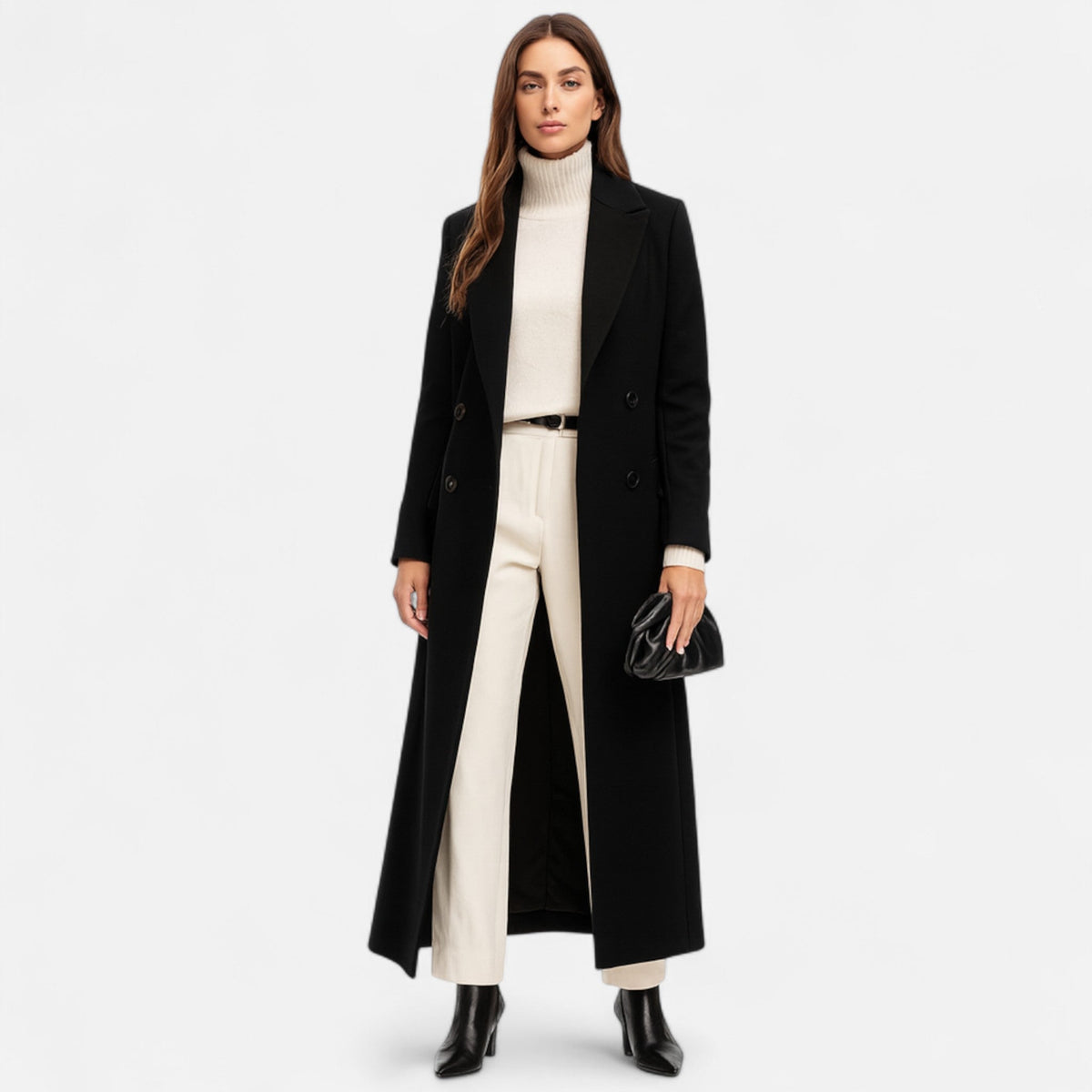 Women's Black Maxi Overcoat with Sharp Cut for All Seasons