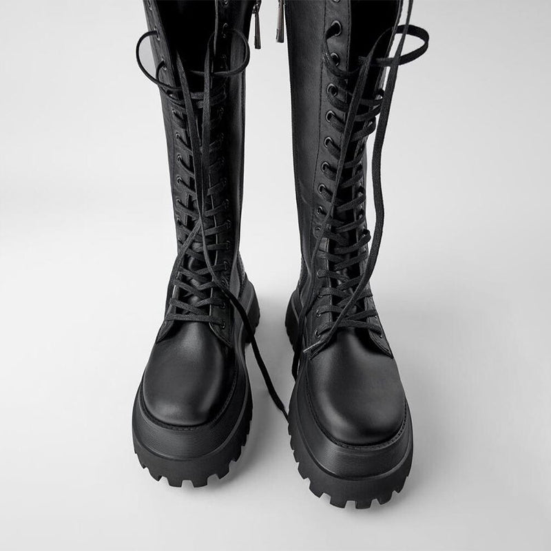 Women's Black Tall Lace-Up Boots with Lug Sole