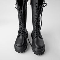 Women's Black Tall Lace-Up Boots with Lug Sole