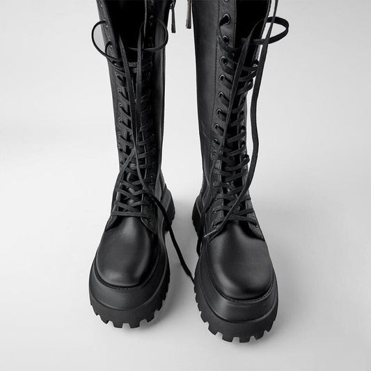 Women's Black Tall Lace-Up Boots with Lug Sole
