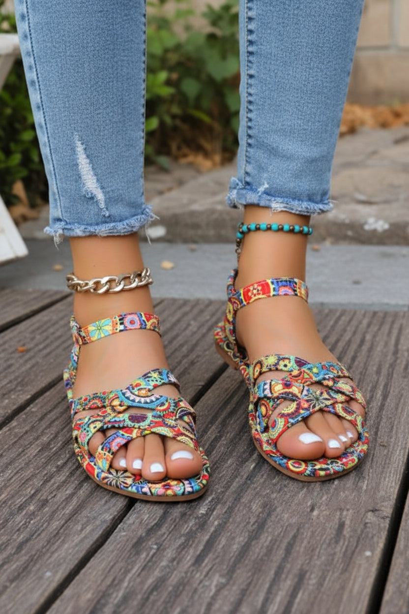 Women's Bohemian Print T-Strap Flat Sandals - Summer Comfort