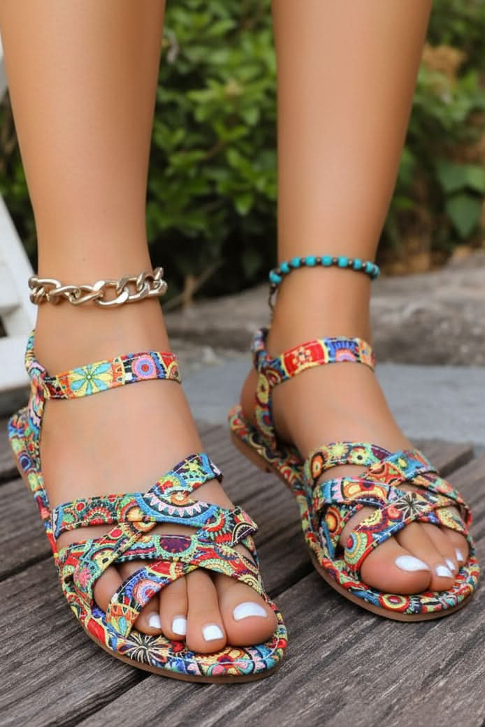 Women's Bohemian Print T-Strap Flat Sandals - Summer Comfort
