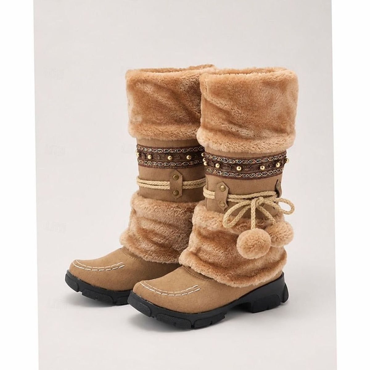 Women's Boho Faux-Fur Cuff Slouch Mid-Calf Winter Snow Boots
