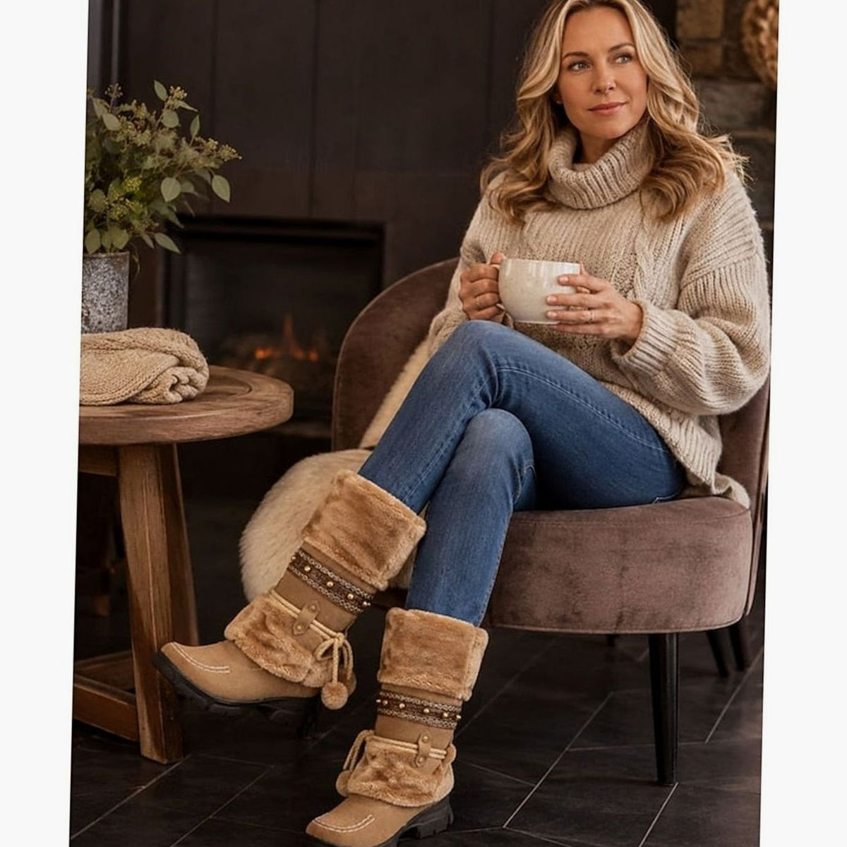 Women's Boho Faux-Fur Cuff Slouch Mid-Calf Winter Snow Boots