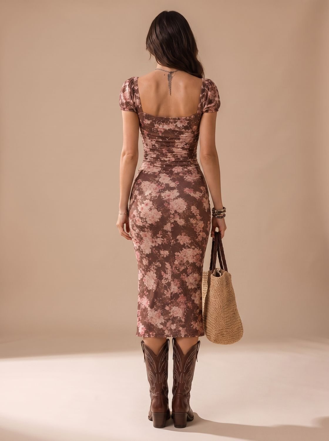 Women's Boho Floral Print Ruched Sweetheart Midi Dress with Side Slit