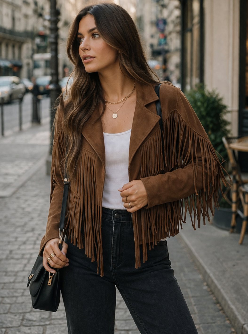 Women's Brown Suede Fringe Blazer Jacket